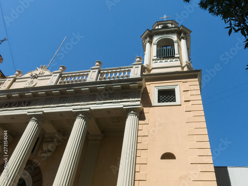 The facade of the Church of San Agustín, in the historic center of Santiago de Chile. The current construction dates back to 1608, being the second oldest church in Chile after San Francisco.