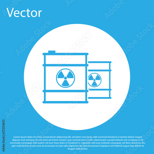 Blue Radioactive waste in barrel line icon isolated on blue background. Toxic refuse keg. Radioactive garbage emissions, environmental pollution. White circle button. Vector Illustration