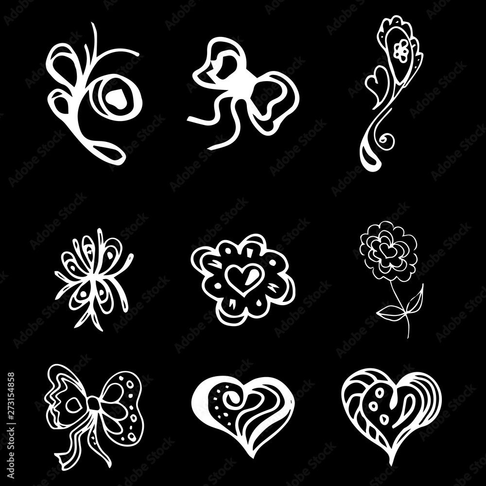 Fototapeta premium Flowers and hearts hand drawn doodle collection isolated on black background. 6 floral graphic elements. Big set. Outline collection