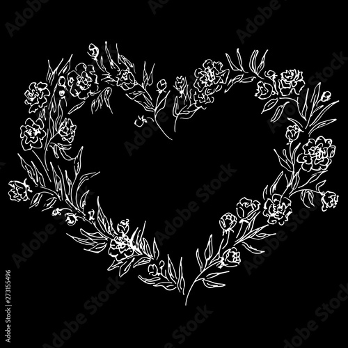 Wreath of roses or peonies flowers in form of heart. isolated on black background. Foral frame design elements for invitations, greeting cards. Hand drawn  illustration. Outline