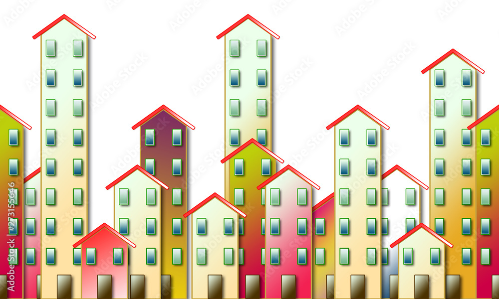 Public housing concept image with tall and low houses on a white background for easy selection