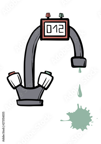 Water meter. Defective Water Tap with flowing water. Vector illustration
