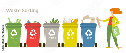 Vector waste sorting motivational vector illustration with woman sorting the waste.