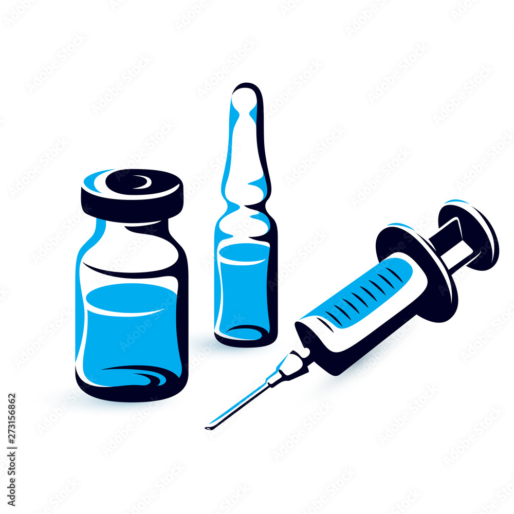 Vector graphic illustration of vial, ampoule with medicine and medical syringe for injections. Scheduled vaccination theme. Vector graphic illustration of vial, ampoule with medicine and medical syringe for injections. Scheduled vaccination theme.