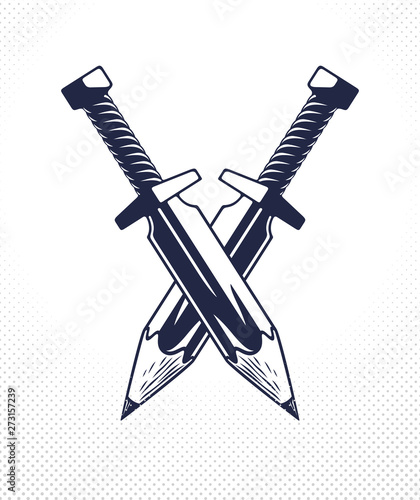 Idea is a weapon concept, weapon of a designer or artist allegory shown as two crossed swords with pencils instead of blades, creative power, vector logo or icon.