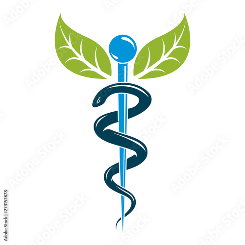 Aesculapius vector abstract illustration created using snakes and green leaves, Caduceus symbol. Healthy lifestyle is strong heart.