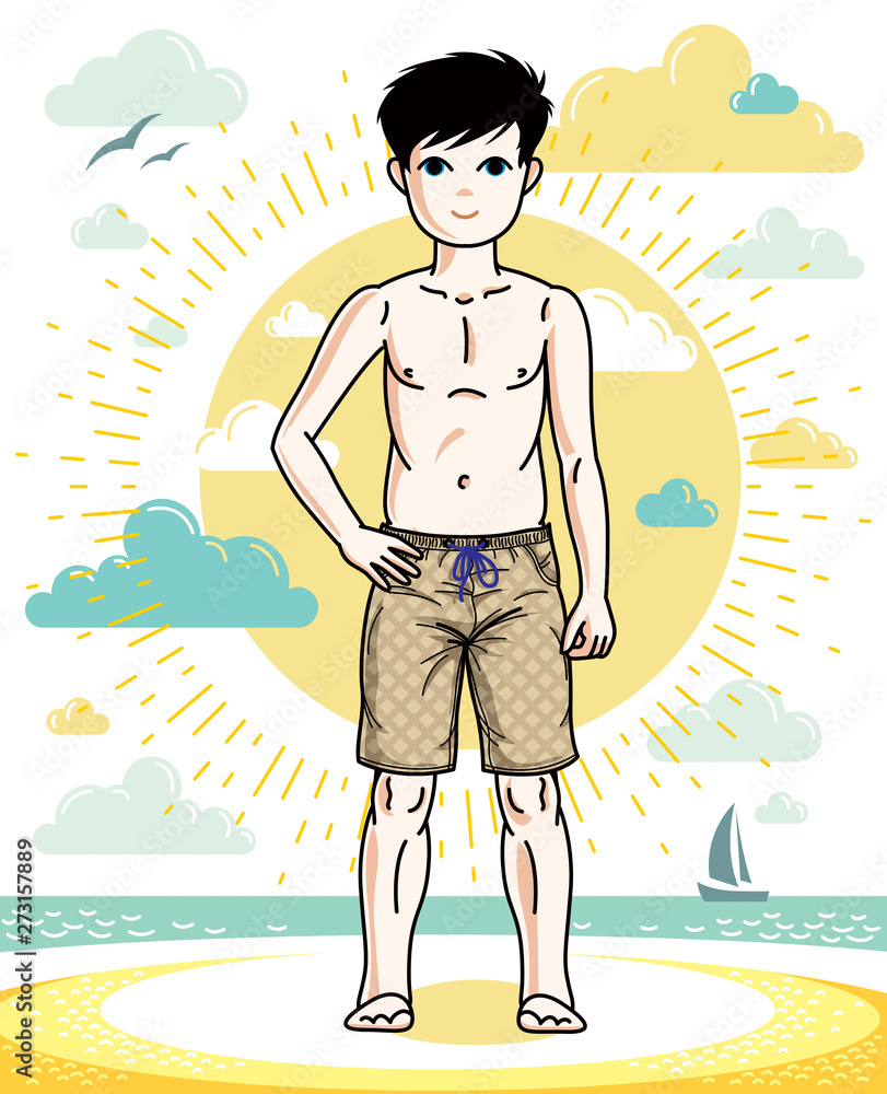 Sweet little boy young teen standing in colorful stylish beach shorts. Vector human illustration. Childhood lifestyle cartoon.