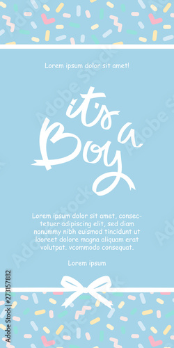 Calligraphy greeting card template, Its a boy. baby shower or baby birth lettering card. Vintage pastel pattern with sprinkles