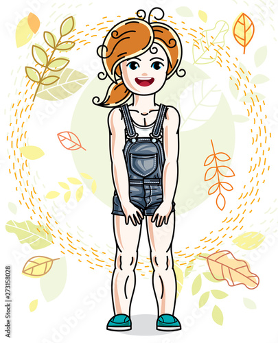 Pretty little redhead girl standing on background of autumn landscape and wearing different casual clothes. Vector pretty nice human illustration. Fashion theme clipart.