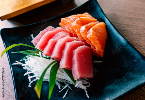 Japanese style seafood with combo set salmon and tuna sashimi
