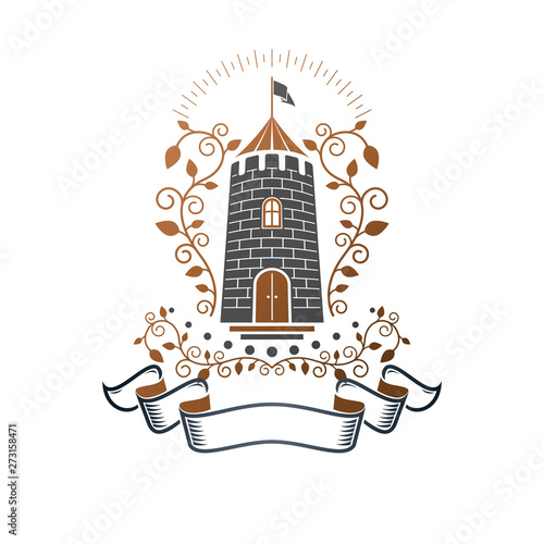Ancient Castle emblem. Heraldic Coat of Arms decorative logo isolated vector illustration. Ornate logotype in old style on white background.
