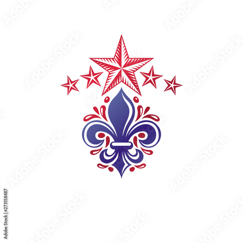 Retro vintage Insignia created with lily flower and pentagonal stars. Vector Victorian design element, quality control theme.