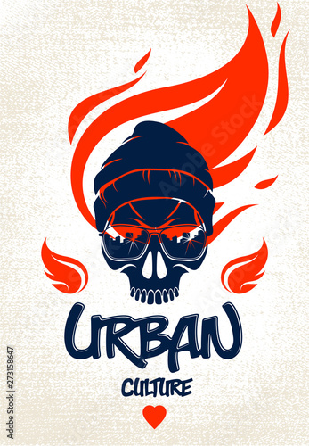 Urban culture style skull in sunglasses vector logo or emblem, gangster or thug illustration, anarchy chaos hooligan, ghetto theme.