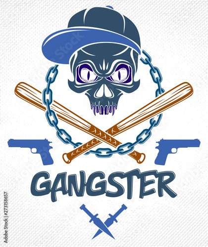 Gang brutal criminal emblem or logo with aggressive skull baseball bats and other weapons and design elements, vector anarchy crime terror retro style, ghetto revolutionary.