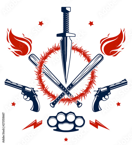 Revolution and War vector emblem with dagger knife and other weapons , tattoo with lots of design elements, riot partisan warrior, criminal and anarchist style, social tension theme.
