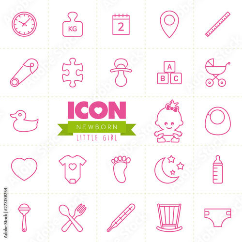 Newborn vector icon set. Little girl. Baby icon