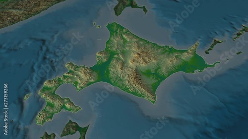 Hokkaido - circuit of Japan zoomed on the physical map of the globe. Animation 3D