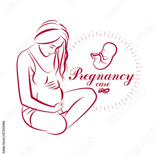 Elegant pregnant woman body silhouette drawing. Vector illustration of mother-to-be fondles her belly. Prenatal center and motherhood preparing clinic promotion flyer