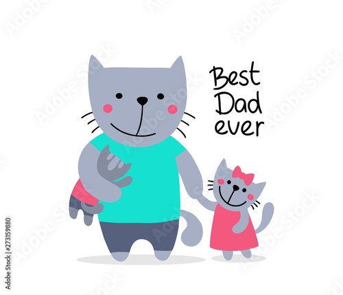 Father cat with little cute kitten daughter and son. Happy Father`s day flat vector greetings card
