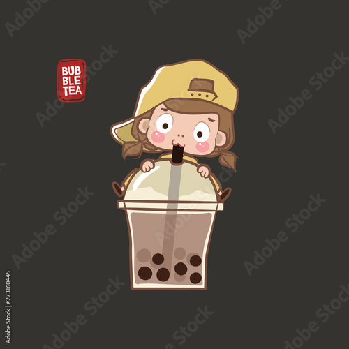 Cute girl hugging a glass of big buble tea and drinking it. Buble tea vector logo.