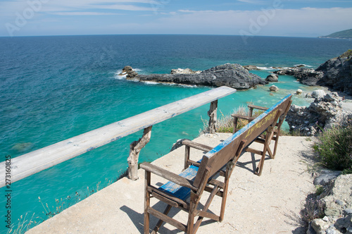 Milopotamos beach in Greece. Rocky cliffs and clear turquoise sea