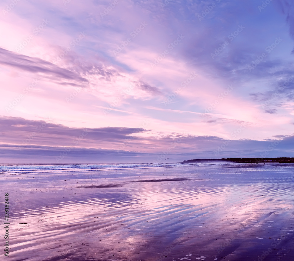 Early  morning on the Atlantic coast. Reflection of the dawn sky in the water on the sand. USA. Maine.
