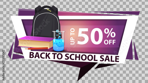 Back to school sale, discount web banner in geometric style with school backpack, a book and a chemical flask