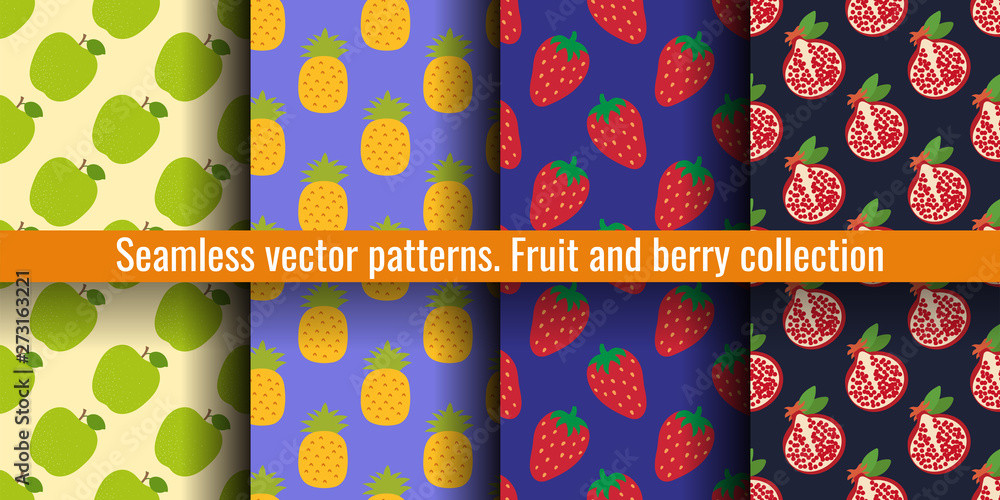 Apple, pineapple, strawberry and garnet. Fruit seamless pattern set. Food print for clothes or linens. Fashion design. Beauty vector sketch background collection Apple, pineapple, strawberry and garnet. Fruit seamless pattern set. Food print for clothes or linens. Fashion design. Beauty vector sketch background collection