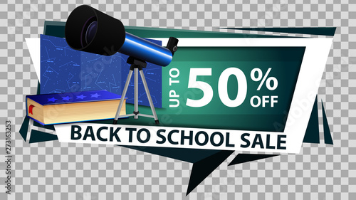 Back to school sale, discount web banner in geometric style with telescope, a map of the constellations and the encyclopedia of astronomy