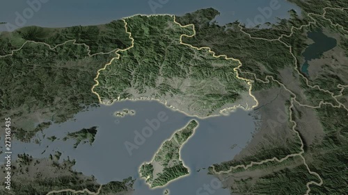 Hyogo - prefecture of Japan zoomed on the satellite map of the globe. Animation 3D photo