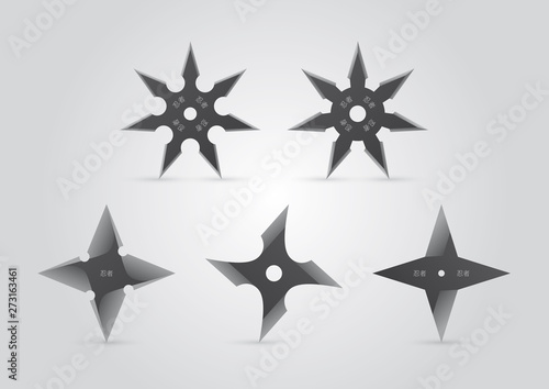 Various types of vector ninja throwing stars. Japanese text Ninja.
