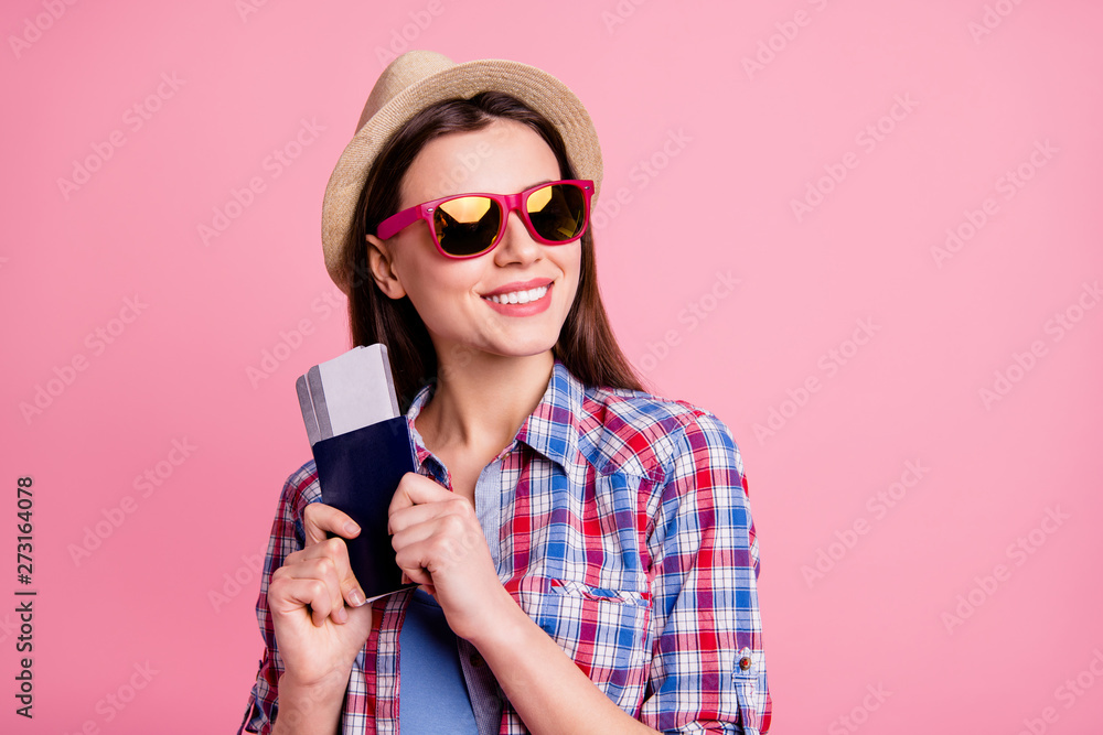 Portrait charming attractive lovely hipster inspired journey hold hand documents interested beautiful think thoughtful want expect surprise checked stylish shirt isolated pink background
