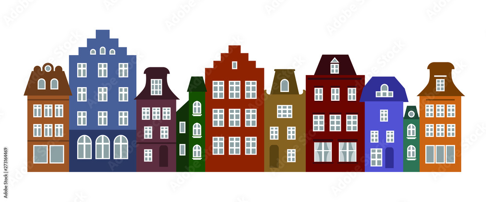 Set of Amsterdam style colored houses. Colorful of row typical dutch view at Netherlands. Stylized facades of old buildings. House skyline vector template. Background for card, banner. Urban landscape