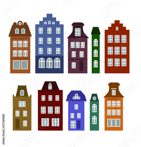 Amsterdam style houses. Laser cut silhouette. Stylized facades of buildings in old European fashion. Wood carving vector template. Color houses. Urban landscape.