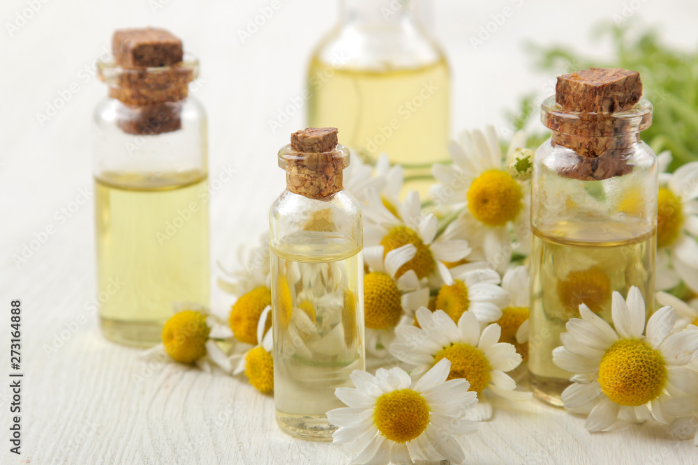 Chamomile. Medicinal little flowers of chamomile with aroma oils on a white wooden table. close-up Chamomile. Medicinal little flowers of chamomile with aroma oils on a white wooden table. close-up