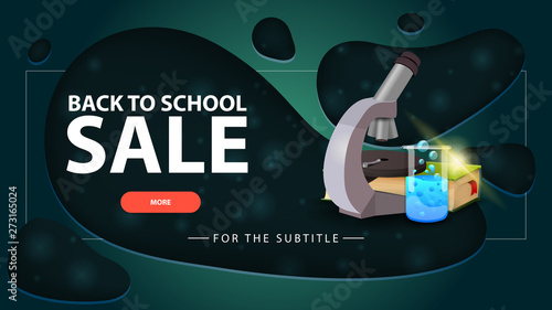 Back to school sale, green discount banner with modern design for your website with microscope, books and chemical flask