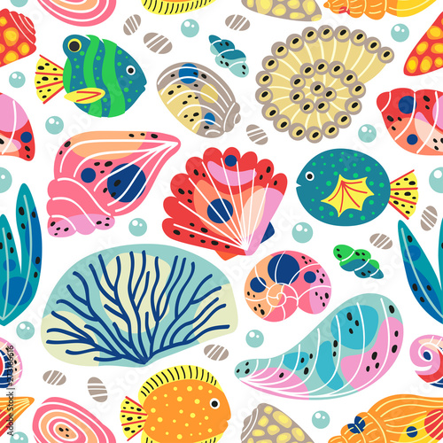 white seamless pattern with underwater sea life - vector illustration  eps