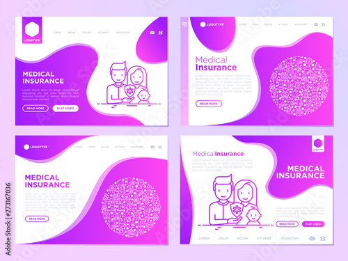 Medical insurance web page templates or for presentation: young family with baby are protected by medical shield. Modern vector illustration with place for text.
