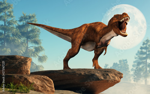 A brown and white tyrannosaurus rex roars at you. This dangerous carnivorous dinosaur of the Cretaceous period looks angry.  In front of the Moon. 3D Rendering © Daniel Eskridge