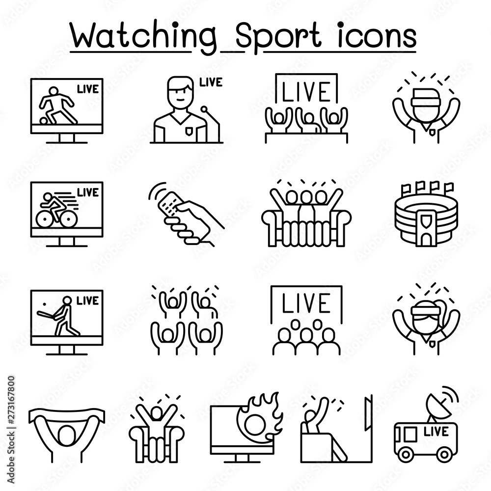 Watching sport on tv, sport broadcasting icon set in thin line style