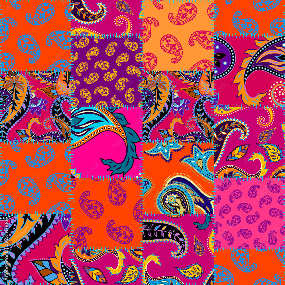 Obraz premium Seamless background pattern. Patchwork pattern with Paisley ornament patterns. Bright magenta and orange colors. Ethnic indian style.