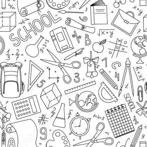 Back to school seamless pattern in doodle style. Hand drawn vector school supplies, stationery on white background.
