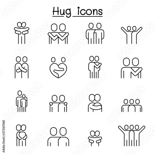 Lover, hug, friendship, relationship icon set in thin line style