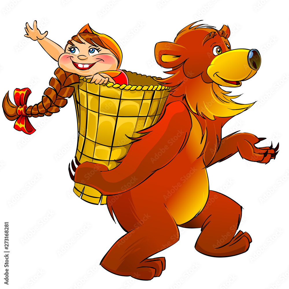 Funny bear carries a girl isolated on white backround. Illustration to the  Russian folk tale Masha and the Bear. Stock Illustration | Adobe Stock