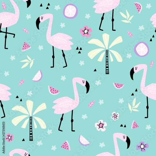 Cartoon flamingo and palms seamless pattern