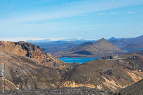 Landmannalaugar National Park - Iceland. Rainbow Mountains. Aerial view of beautiful colorful volcanic mountains. Summer time.