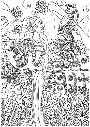 Indian traditional painting of woman in nature with peacock, Kerala mural style with beautiful ornamental background, vector