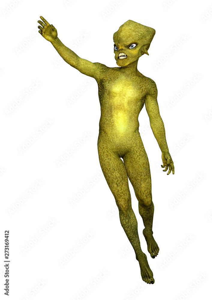 3D Rendering Green Alien on White 3D Rendering Green Alien on White