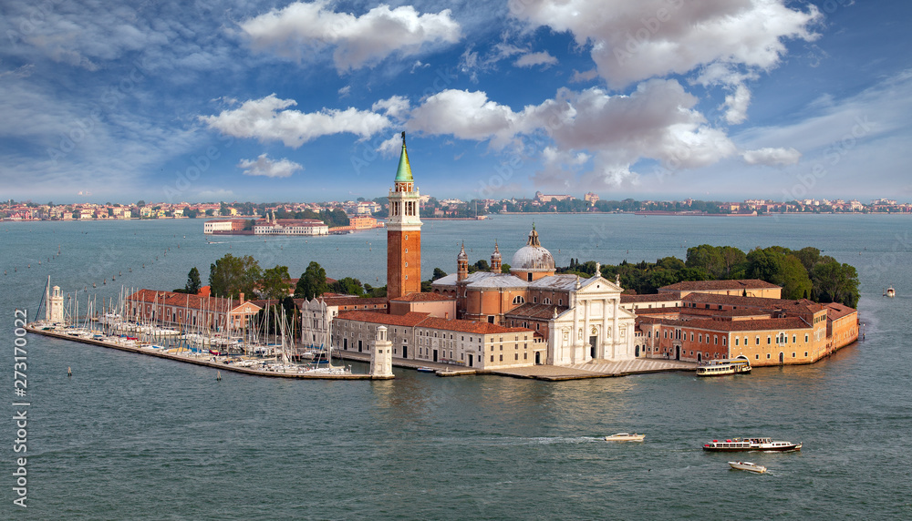 aerial view of San Griorgio Maggiore island in venetian lagoon, Venice, Italy