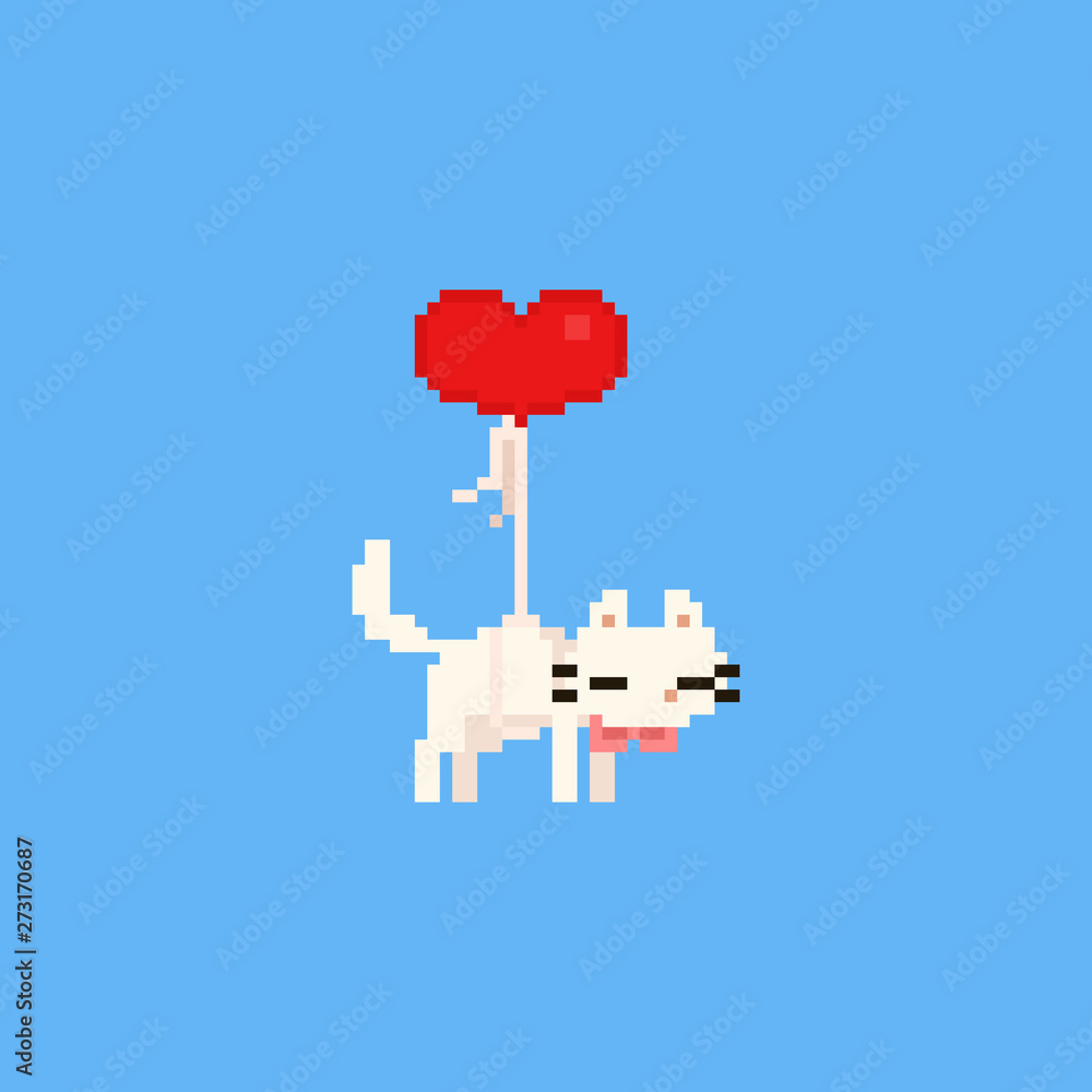 Pixel floating white cat with red heart balloon.Valentine's day.8bit.